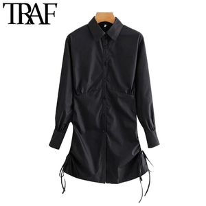 Women Fashion With Drawstring Tied Pleated Mini Shirt Dress Vintage Long Sleeve Button-up Female Dresses Vestidos 210507