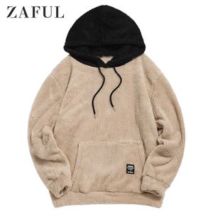 Vinter Colorblock Splicing Faux Fur Fluffy Hoodies Män Långärmad Pullover Kvinnor Sweatshirt Drawstring Toppar Casual Hoodie 210707