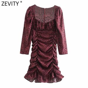 Zevity Women Vintage Square Collar Leopard Print Pleated Ruffles Mini Dress Female Chic Zipper Slim Vestido Clothes DS4936 210603
