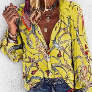 Casual wiosenna letnia bluzka z długim rękawem damska łańcuszek w stylu vintage drukuj luźne koszule Plus rozmiar 5XL topy jednorzędowa tunika 210619