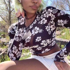 Women Crop Top Mesh Sheer Flower Printed O-neck Long Sleeve T-shirt Spring Summer Tee Streetwear Sexy Skinny Pullover Tops Black 210517