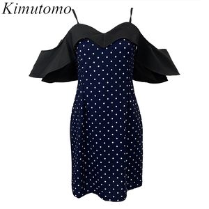 Kimutomo Kontrast Färgklänning Ruffles Patchwork Slash Neck Off Shoulder Dot Sling Klänningar Kvinnor All-Matching Sommar Vestidos 210521