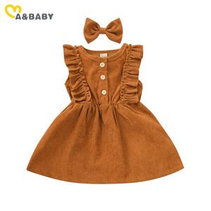 6m-5Y Sommer Kleinkind Baby Kind Mädchen Cord Kleid Vintage Ärmellose Rüschen Bogen Tutu Kleider Kleidung 210515