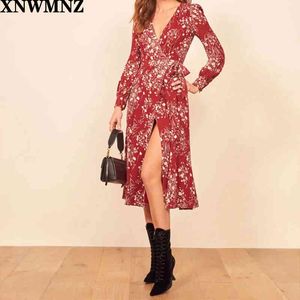 Za High quality Vintage Long Sleeve Dresses France Red Floral Print split women midi Dress Autumn Deep V Neck Wrap vestidos 210510