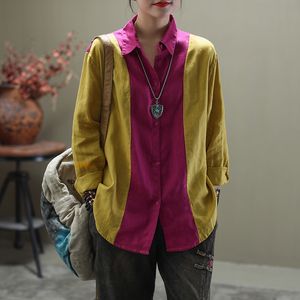 Johnature Spring Cotton Linen Patchwork Down-down Collar Cardigan Shirt Enkel Bekväm Single Breasted Women Tops 210521