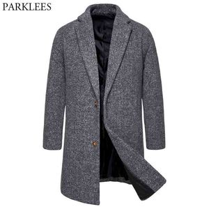 Graue Wollmischung Pea Coat Männer Winter Casual Herren Stilvolle Trenchcoats Slim Fit Einreiher Männlicher Windjacke Mantel 210522