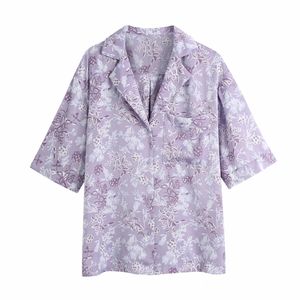 Summer Women Floral Print Violet Shirt Female Tailored Collar Short Sleeve Blouse Casual Lady Loose Tops Blusas S8807 210430