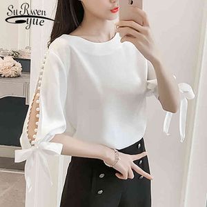 Sommer Perle Hülse Süße Frauen Blusen Hemd Weiß Rosa Koreanische Chiffon Bogen Frische Tops Weibliche Blusas 0359 40 210521