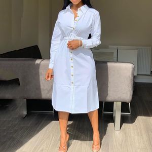 Moda Bianco Camicia Dress Elegante Ufficio Ladies Manica Lunga Allentati Lins Survey Down Colletto Femmina Plus Size Midi Abiti Abiti Estate