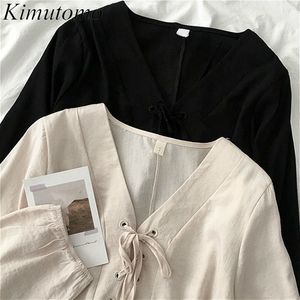 Kimutomo Casual Bow Lace Up Blouse Women V-neck Long Sleeve Solid Shirt Ladies Simple Fashion Korea Chic Spring 210521