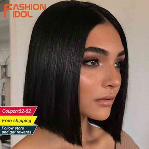 FASHION IDOL 10 Inch Bob Wigs Straight Hair Lace Wigs For Women Cosplay Wigs Heat Resistant Fake Hair Synthetic 220121