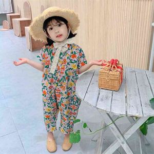 Flickor Jumpsuit Kläder Sommar Blommor Overaller Casual Japanes Koreanska Palysuit Baby Barnkläder 210625