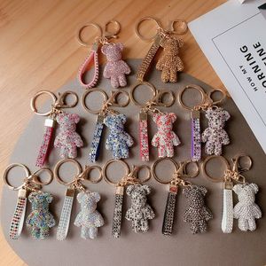 Creative Cute Rhinestone Bear Key Chain Women Crystal Animal Keychains Leather Strap Lanyard Bag Charms Pendant Accessories