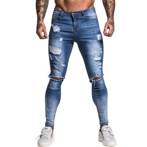 Skinny Jeans Men Slim Fit Ripped Mens Jeans Stora och Tall Stretch Blue Men Jeans för män Distressed Elastic Waist ZM39