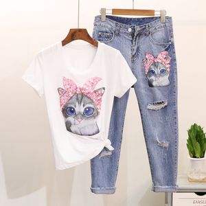 Comelsexy verão mulheres dos desenhos animados camisetas jeans fatos de moda lantejoulas gato impressão de manga curta tshirt + denim furo borla calça conjuntos x0428