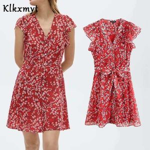 Klkxmyt Za Dress Women Red Print Simple Style Mini V Neck With Linning Sashes Sexy Female Party es 210527