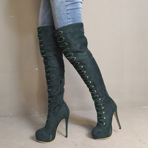 Handgemachte echte Fotos Damen High Heel Oberschenkelhohe Stiefel Kid-Wildleder Crisscross Strips Sexy Club Overknee-Stiefel Abendmode Lange Schuhe D411