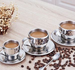 Set da tè e caffè in acciaio inossidabile da 160 ml Tazze da caffè a doppio strato Tazze da caffè Tazza da caffè Tazze da latte con piatto e cucchiaio