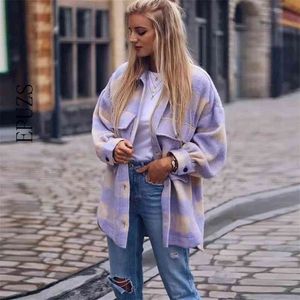 Moda Mor Ekose Yün Jcket Kadınlar Gömlek Ceket Kalın Uzun Kış Streetwear Rahat Kadın Kore Dış Giyim 210521