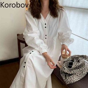 Korobov Korean Single Breasted V Neck Women Dress Vintage Elegant A-Line Female Dresses Summer New Chic Vestidos Femme 210430