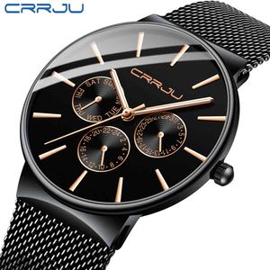 Män klockor Crrju Top Märke Lyx Vattentät Klocka för Man Slim Datum Armbandsur Mesh Strap Casual Quartz Clock Reloj Hombre 210517