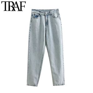 Kvinnor Chic Mode Side Fickor Straight Jeans Vintage High Waist Zipper Fly Denim Female Ankel Trousers Mujer 210507