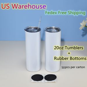 US Warehouse 20oz Straight Sublimation Tumblers Clear Straws Gummi Bottoms Rostfritt Stål Glänsande Blank Vit Dubbel Vakuum Isolerad Vattenkopp