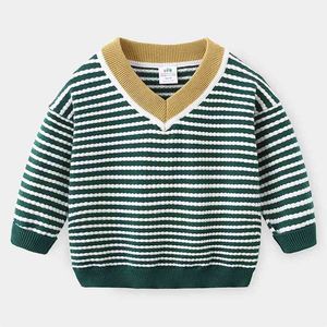 春の秋冬2-10年ニット学生のカラーパッチワークハンサムな縞模様のVネックセーターのための赤ちゃん子供男の子210625