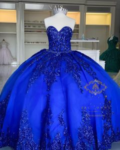 2022 Luxurious Royal Blue Quinceanera Dresses Ball Gown Blingbling Lace Applique Rhinestones Tulle Ruched Long Sweet Charra Prom Evening Formal Party Dress