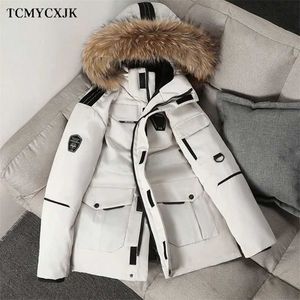 Hooded Real Fur Collar Down Jacket Men And Women The Same Thick Winter Outdoor Snow Coat Couple Tooling Oversized 211011