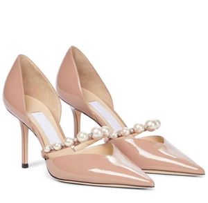 Sommar mode märken Aurelie Kvinnors Sandal Dress Shoes !! Elegant Pearl Chian Strap High Heels Lady Pionted Toe Pumps Party Bröllop med låda, EU 35-43