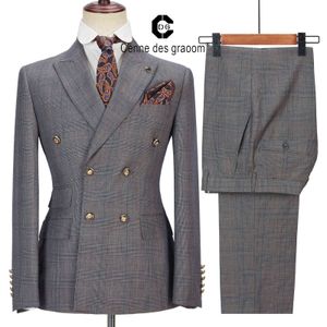 Cenne Des Graoom Nowy Mężczyźni Dostosowywanie Krawant Plaid Double Breasted 2 Sztuk Blazer Pant Slim Fit Wedding Party Piosenkarz Kostium Homme X0909