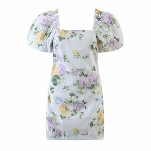 Summer Women Floral Print Puff Sleeve Dress Female Sexy Square Neck Bodycon Mini Sundress Robe Party Pencil Vestido 210430