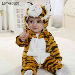 Spädbarn babypers kläder 0-3y toddler pojke flicka född tecknad tiger onesie dragkedja flanell varm kawaii söt kostym 210816