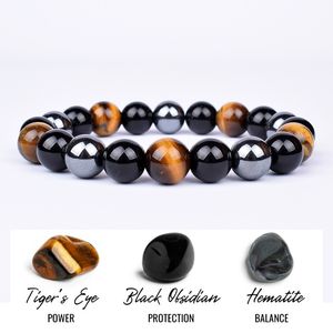 Fashion Natural Stone Tiger Eye Triple Protection Hematite and Obsidian Bracelet Health Balance Healing Soul Jewelry