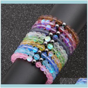 Armband Jewelryround Mystic Rainbow Glass Beaded Stretch Armband 8mm Matte Moonstone Pärlor Elastiska armband Women Jewelry Link, Chain Dr