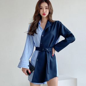 Höst Patchwork Bodycon Striped Blue Shirt Dres Slidpenna Klänningar Koreanska Slim Vestidos 210531