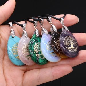 Hayat Ağacı Desen Reiki Şifa Kristal Kolye Enerji Waterdrop Taş Kuvars Halat Kolye Moda Kadın Erkek Takı Toptan