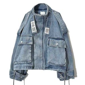 PERHAPS U Women Short Cropped Blue Jacket Zipper Long Sleeves Denim Jackets Stand Collar C0076 210529