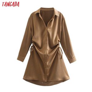 Tangada Moda Kobiety Talii Hollow Shirt Sukienka Z Długim Rękawem High Street Damska Mini Dress QD12 210609