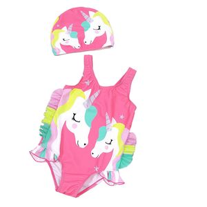 Baby Girl One Piece Swimsuit Cartoon Fish or Unicorn Designer Suspender Beachwear 1-6T Kids Bathing Suit With Cute Swimming Cap