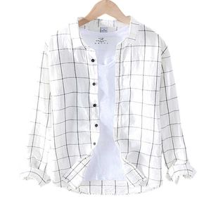 Långärmad plädskjorta för män Casual Striped Lattice Intenn-down Collar Tops Male Bomull Linen Slim Handel Vanlig Kläder 210601