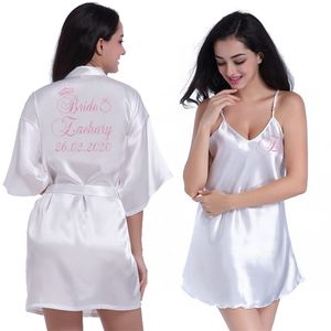 Custom Name Wedding Women Nightgown Sets 2 Pieces Nightdress Bathrobe Female Satin Kimono Bath Gown Sleepwear Pink Robes Suit 210901