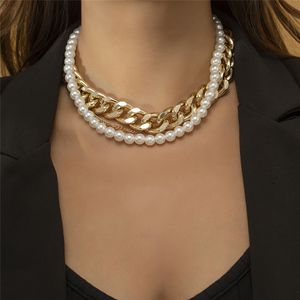 Punk miami kubansk choker halsband för kvinnor krage uttalande hip hop imitation pearl twisted chunky chain neck smycken