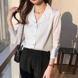 Coreano Silk Camisas Mulheres Cetim Blusas de Manga Longa Tops Plus Size Camisa Mulher Escritório Senhora V-Pescoço Branco 210427