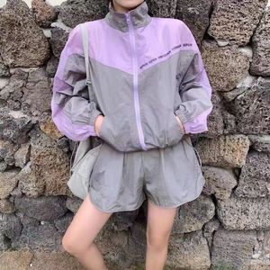Summer Outfit Fashion Sports Suit Women Casual Harajuku Shorts Set Long-Sleeved Splicing Jacket Two-Piece Female Sportswear 210514