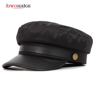 Solid färg militär hatt hög kvalitet platt topp man kvinna mode vintage trucker sjöman armé ben pappa hattar svart brett brim
