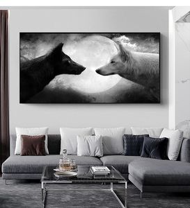 黒と白のオオカミキャンバス絵画の壁のアートポスタープリント動物の写真の居心地の良い家の装飾