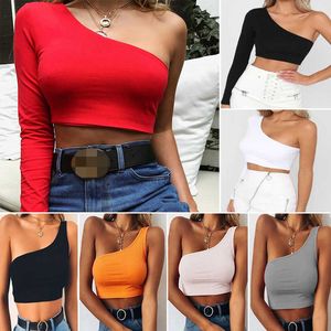 One Shoulder Slope Neckline T Shirt Sexy Solid Long Sleeve Women's Tshirt White Black Crop Top Ladies T-shirt 2021 Summer X0527