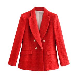 Women Plaid Twill Elegant Blazer Jacket Long Sleeve Office Casual Short Coat Notched Collar Ladies Tops Red Outerwear 210430